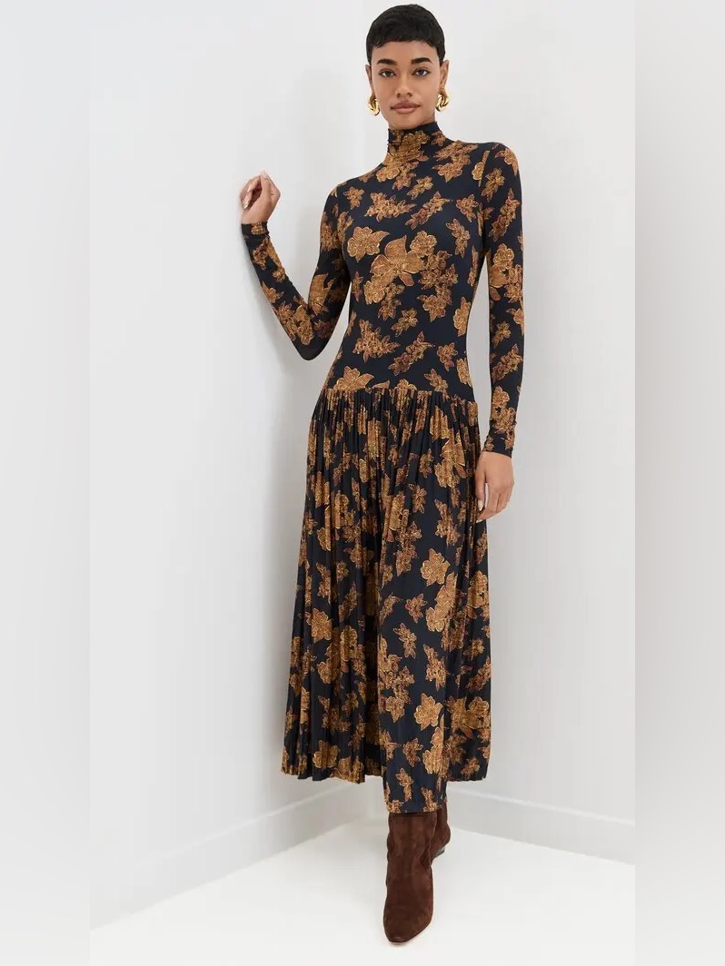 Ulla Johnson Amaya Pleated Floral Drop Waist Maxi Dress Onyx Black Size Large